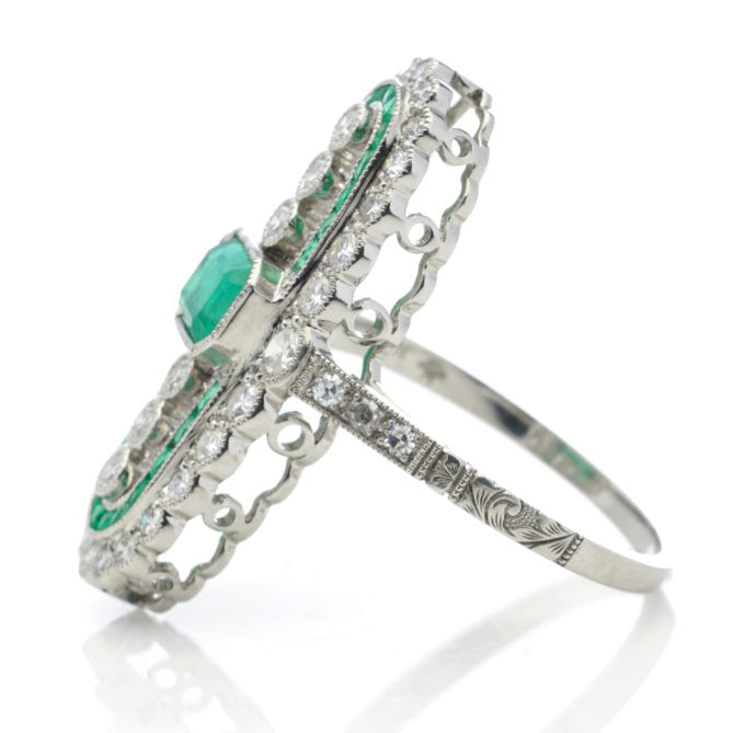 Vintage Art Deco Style Emerald and Diamond Cluster Plaque Ring