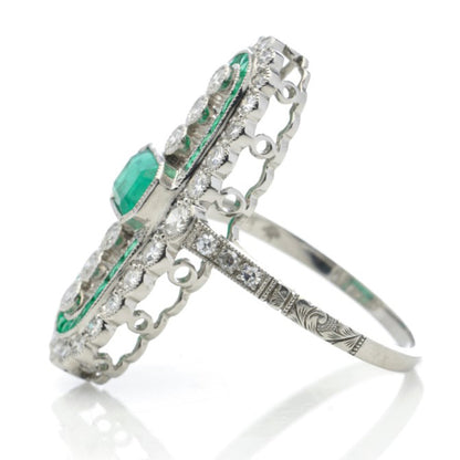 Vintage Art Deco Style Emerald and Diamond Cluster Plaque Ring