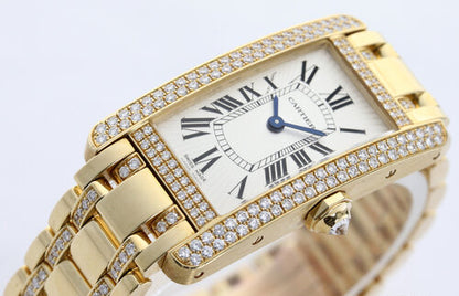 Cartier Tank Américaine 2482 Ladies Watch in 18ct Yellow Gold with Original Cartier Diamond Bezel and Bracelet, In very good condition and comes with Cartier box and papers.