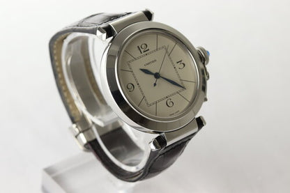 Cartier Pasha 42mm Automatic Stainless Steel with Deployant Clasp, Ref. 2730, cream-white dial, blue steel hands, sapphire cabochon crown cap, sapphire crystal, cal. 8000MC, skeleton back display, Cartier black leather strap and deployant buckle