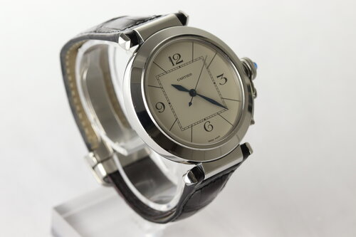 Cartier Pasha 42mm Automatic Stainless Steel with Deployant Clasp, Ref. 2730, cream-white dial, blue steel hands, sapphire cabochon crown cap, sapphire crystal, cal. 8000MC, skeleton back display, Cartier black leather strap and deployant buckle