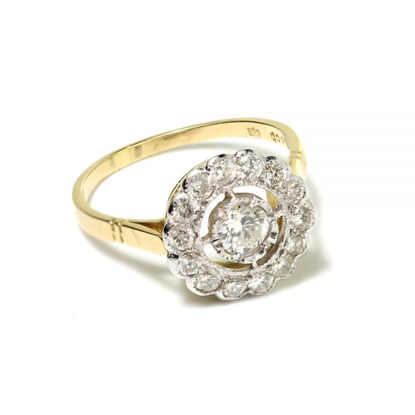 Diamond Floral Cluster Ring; 1.38 carat total, central 0.40ct G VS1 brilliant-cut diamond within diamond fixed halo surround, in 18ct yellow gold