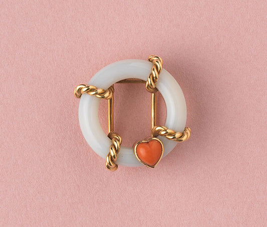 Vintage Cartier Agate Buoy Ring with Coral Heart Brooch