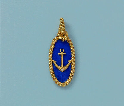 Vintage Van Cleef and Arpels Gold Anchor Nautical Pendant with Sodalite and Diamond, Signed and Numbered, Circa 1970