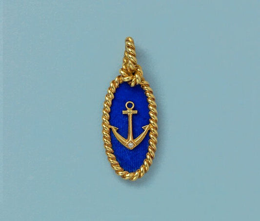 Vintage Van Cleef and Arpels Gold Anchor Nautical Pendant with Sodalite and Diamond, Signed and Numbered, Circa 1970