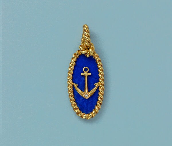 Vintage Van Cleef and Arpels Gold Anchor Nautical Pendant with Sodalite and Diamond, Signed and Numbered, Circa 1970