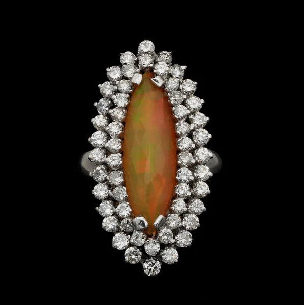 Vintage Fire Opal and Double Diamond Marquise Cluster Ring