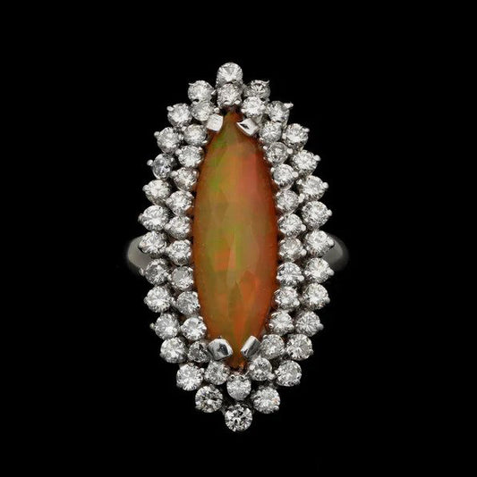 Vintage Fire Opal and Double Diamond Marquise Cluster Ring