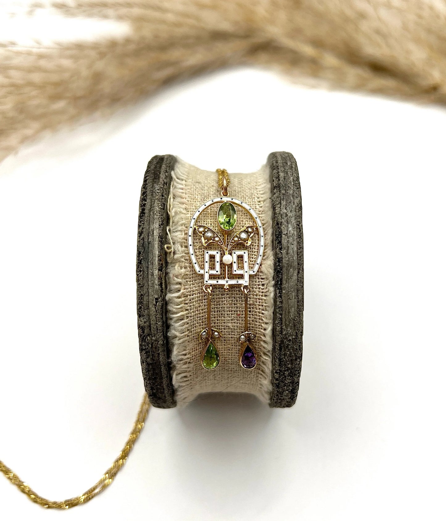 Antique 9 ct Gold, Edwardian Amethyst, Peridot, Seed Pearl And Enamel Suffragette Pendant