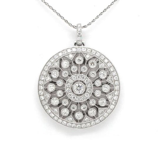 Vintage Style Diamond Circular Openwork Pendant; mounted with brilliant cut diamonds totaling 1.46 carats, Set in 18ct white gold, on 18ct white gold chain.