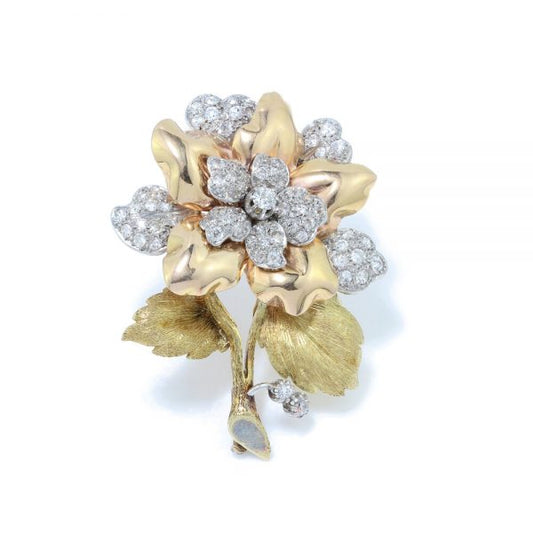 Art Deco Old Cut Diamond Floral Brooch; 2.10 carat total, in 18ct yellow gold with textured stem and leaves. Possibly Italian, Circa 1920