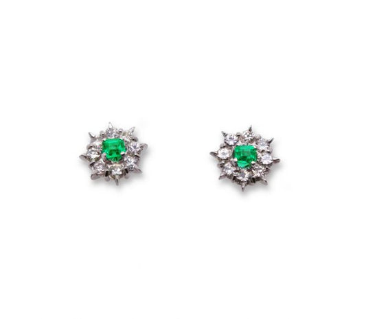 Colombian Emerald and Diamond Cluster Stud Earrings, 18ct White Gold