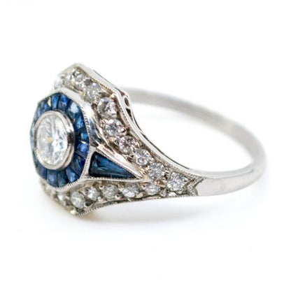 Vintage Art Deco Style Sapphire and Old European Cut Diamond Ring