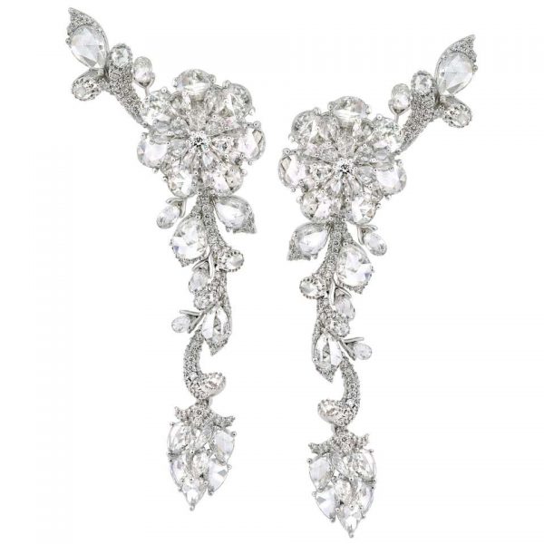 Rose Cut Diamond Floral Cluster Drop Earrings; set with pear-shaped rose-cut, briolette-cut and round brilliant-cut diamonds, 13.43 carat total