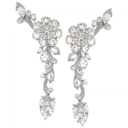 Rose Cut Diamond Floral Cluster Drop Earrings; set with pear-shaped rose-cut, briolette-cut and round brilliant-cut diamonds, 13.43 carat total