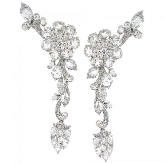 Rose Cut Diamond Floral Cluster Drop Earrings; set with pear-shaped rose-cut, briolette-cut and round brilliant-cut diamonds, 13.43 carat total