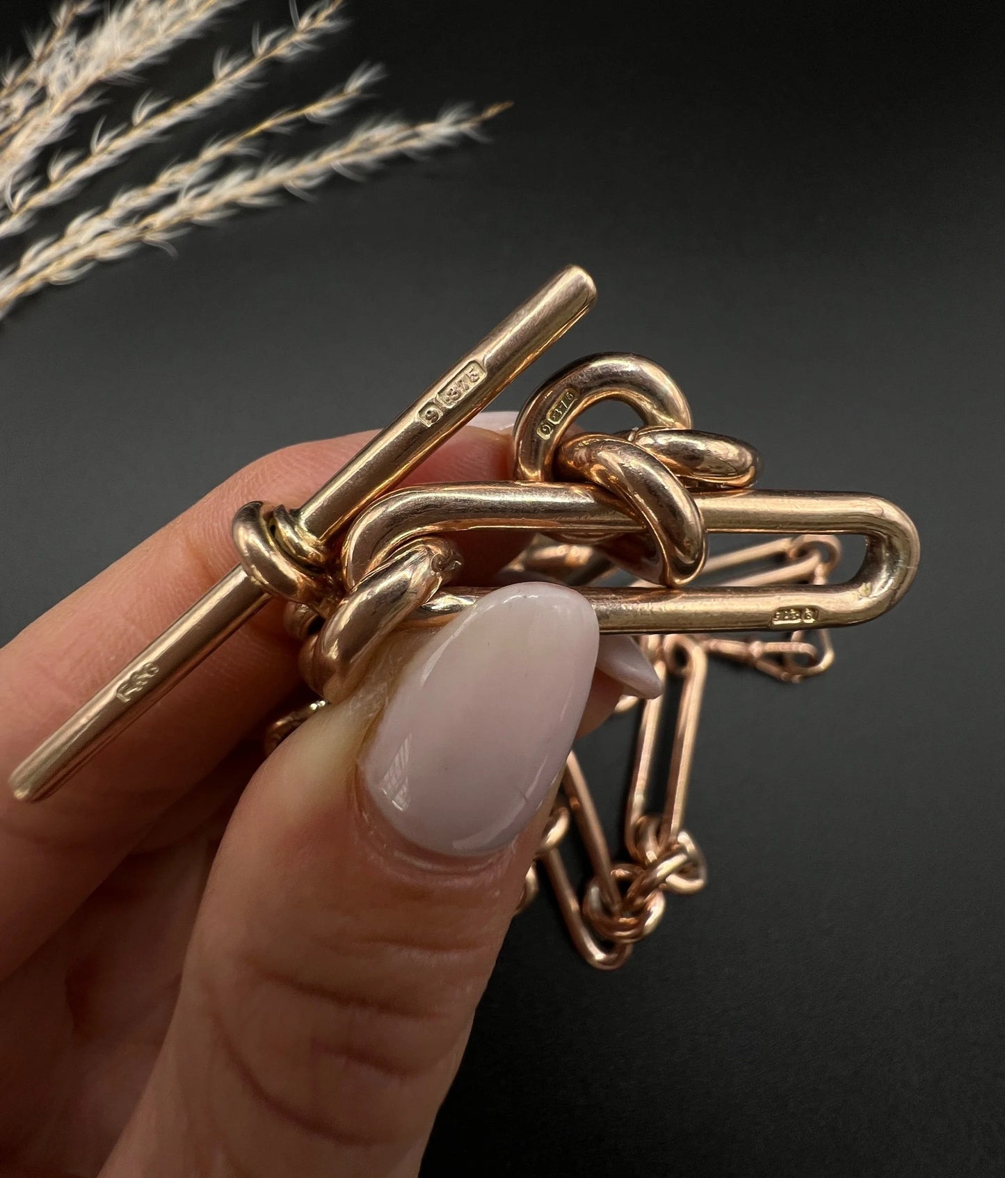 Antique 9ct Rose Gold Fetter Trombone Link Albert Chain Necklace