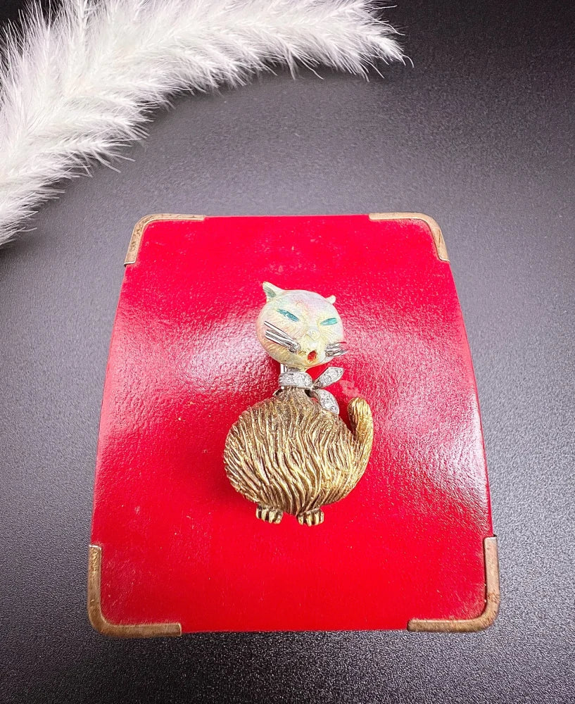 Vintage Enamel And Old Cut Diamond Cat Brooch In 18 Carat Yellow Gold