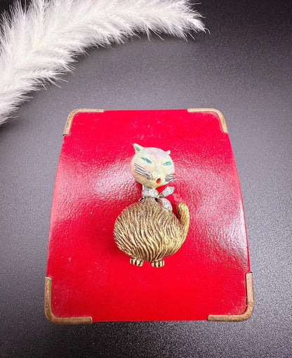 Vintage Enamel And Old Cut Diamond Cat Brooch In 18 Carat Yellow Gold
