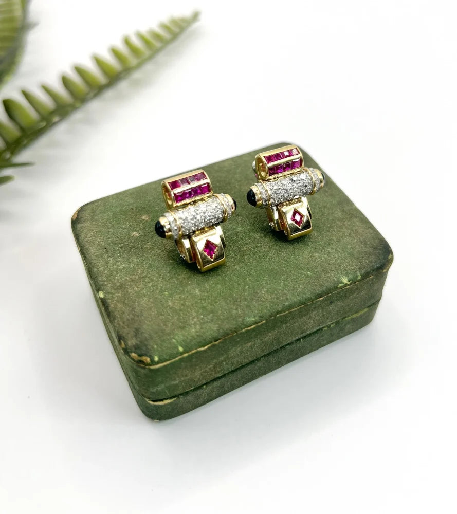 Art Deco Earrings With Old Cut Diamonds, Rubies And Onyx In 18 Carat Yellow And White Gold