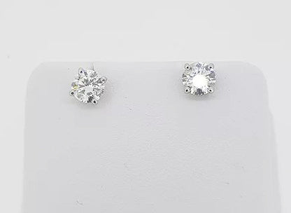 1.45ct Diamond Single Stone Stud Earrings; brilliant-cut diamonds, 1.45 carat total, four-claw set, 18ct white gold, H colour, SI1 clarity