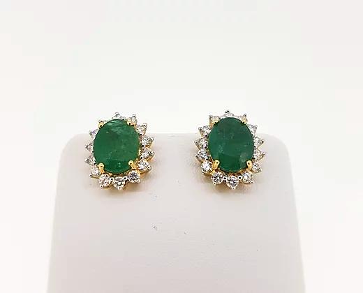 Emerald and Diamond Cluster Stud Earrings, 5.84cts, 18ct Yellow Gold