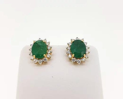 Emerald and Diamond Cluster Stud Earrings, 5.84cts, 18ct Yellow Gold