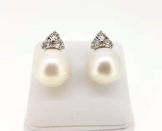 Southsea Pearl Stud Earrings with 1.80cts Trefoil Diamond Tops, 18ct Gold