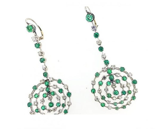Contemporary Emerald and Diamond Circular Openwork Drop Earrings; round emeralds and brilliant-cut diamonds set in openwork circle design, 18ct white gold.