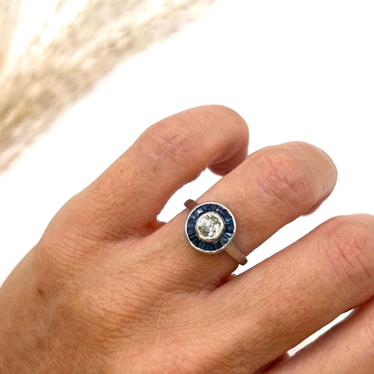 Antique Vintage Art Deco 0.35ct Old Cut Diamond and Sapphire Target Cluster Engagement Ring