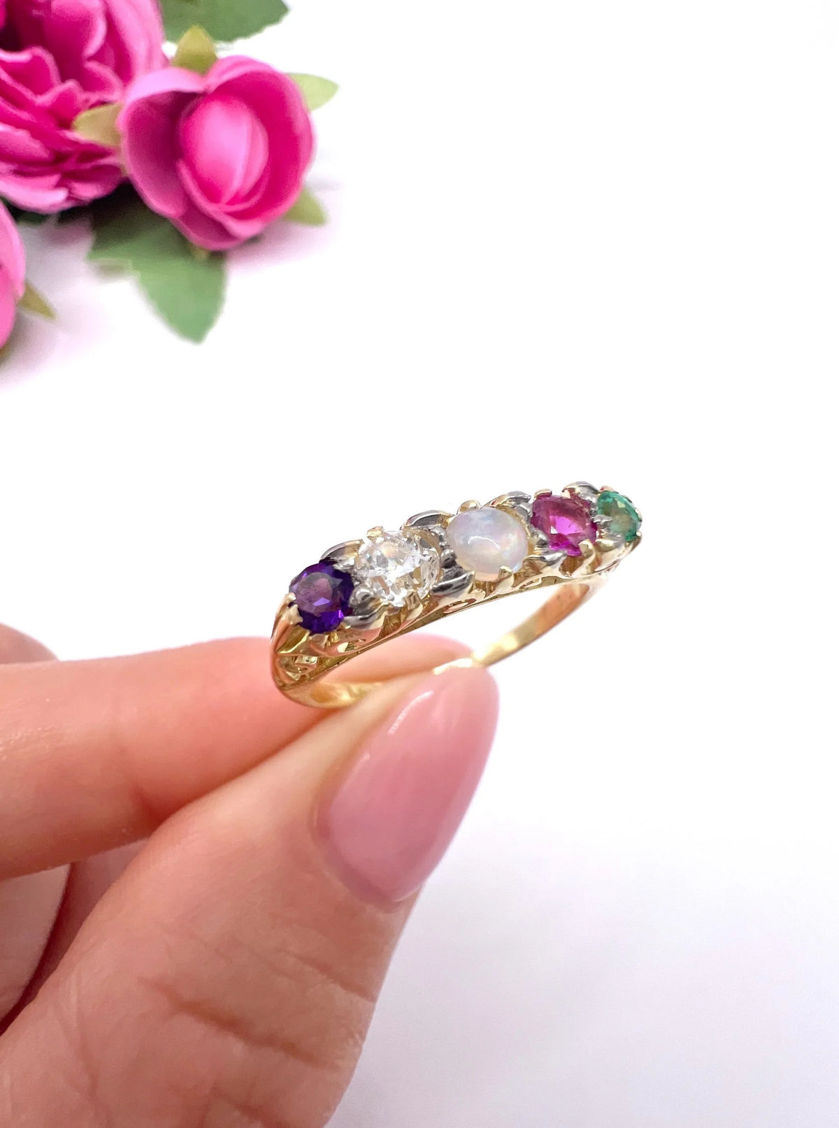 Victorian 18 Carat Gold ADORE Amethyst, Diamond, Opal, Ruby and Emerald Ring