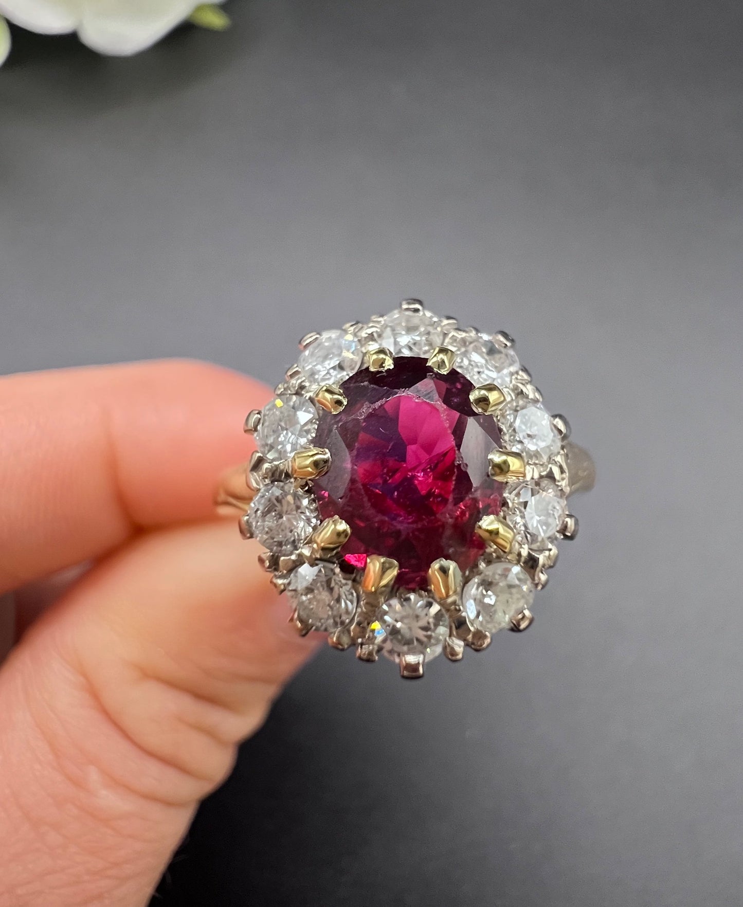 Vintage 18ct Gold, 1950s Ruby & Diamond Cluster Ring