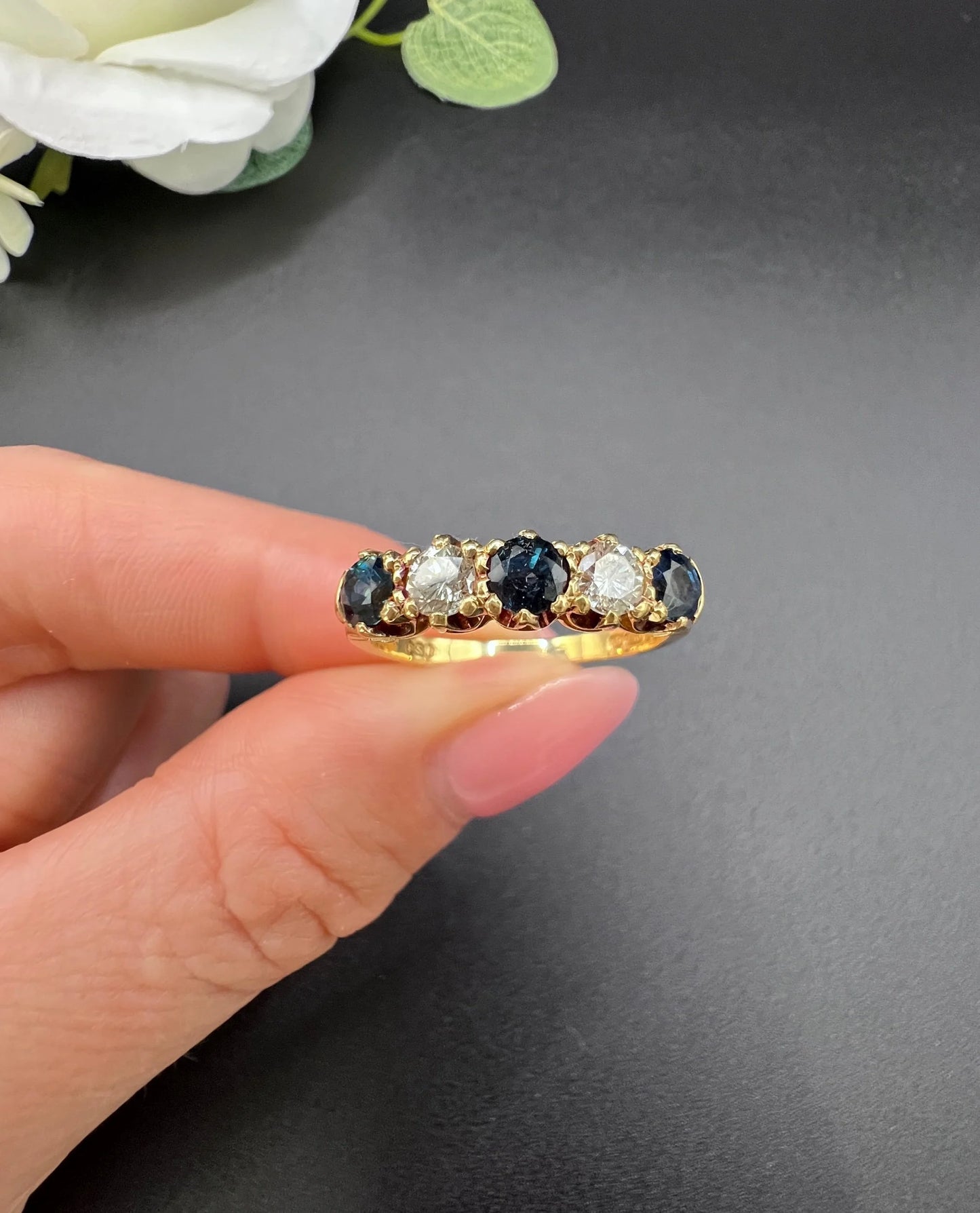 Vintage 18ct Yellow Gold, Victorian Style Sapphire and Diamond Five Stone Engagement Ring, London 1976