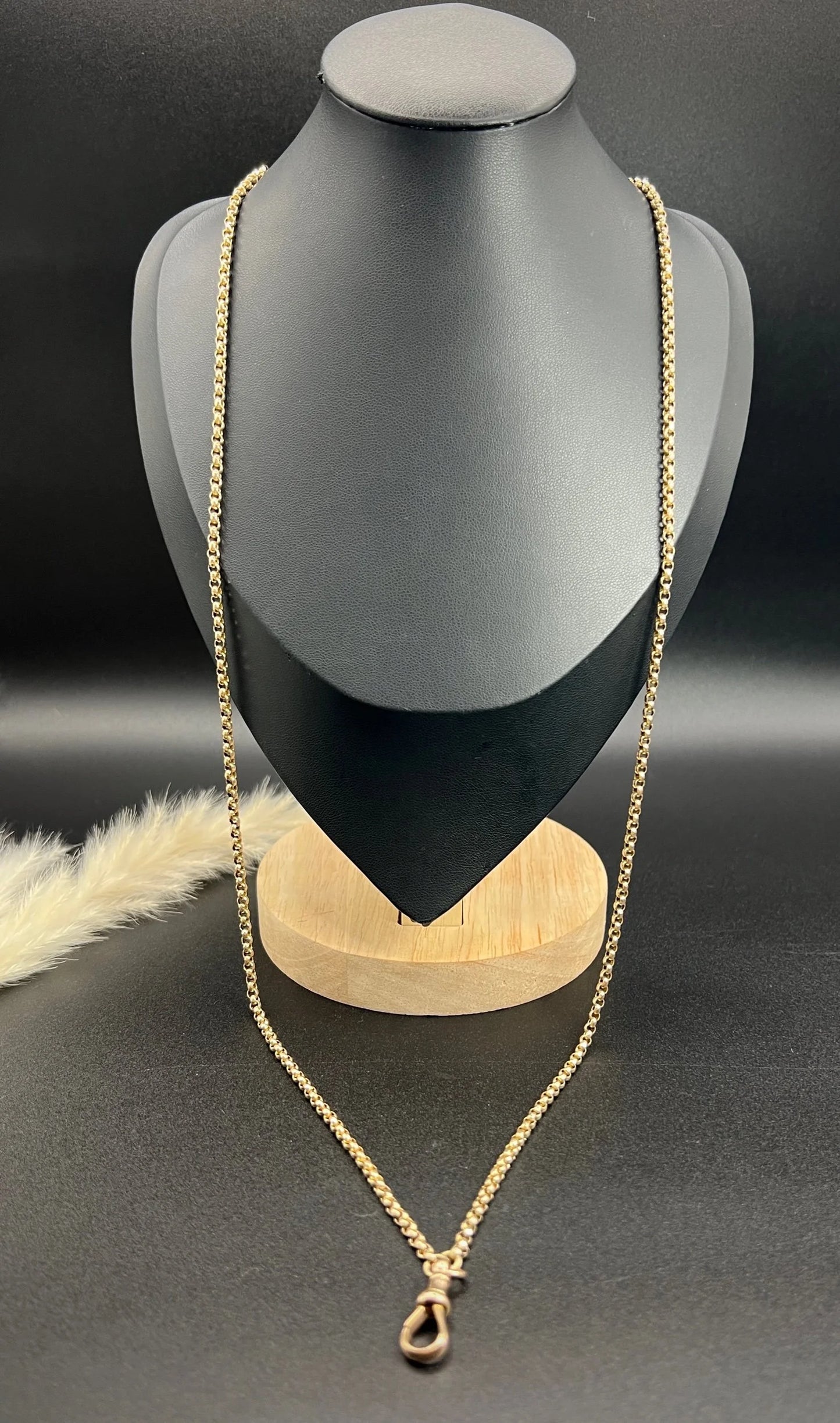 Antique 9 ct Rose Gold Edwardian 30 Inch Faceted Round Belcher Link Chain With Swivel Dog Clip