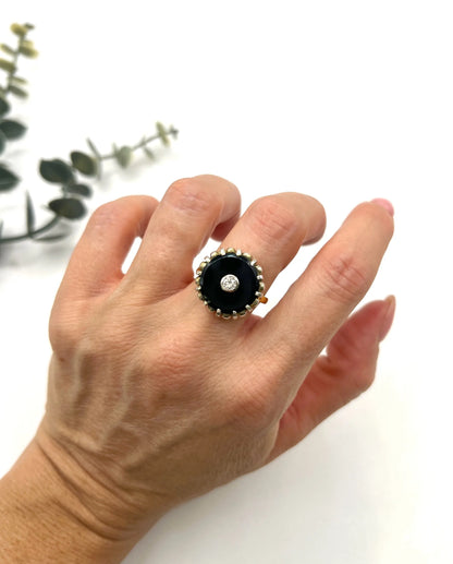 Vintage 18ct Gold Stamped, 1940s Onyx & Diamond Dress Ring