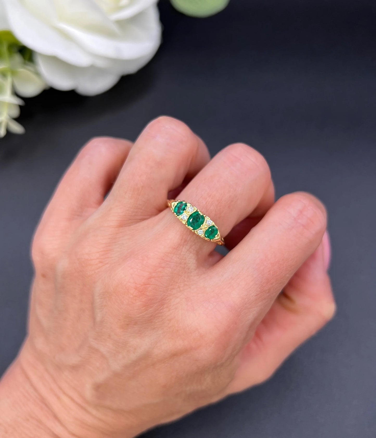 Vintage 18ct Yellow Gold, 1960s Victorian Style Emerald and Diamond Carved Ring