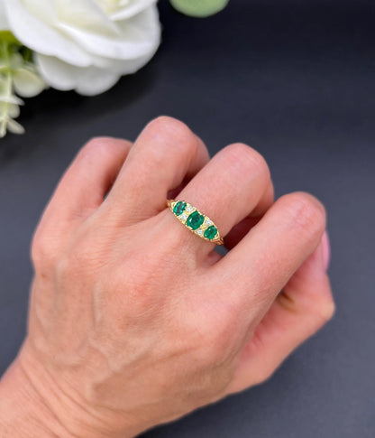 Vintage 18ct Yellow Gold, 1960s Victorian Style Emerald and Diamond Carved Ring