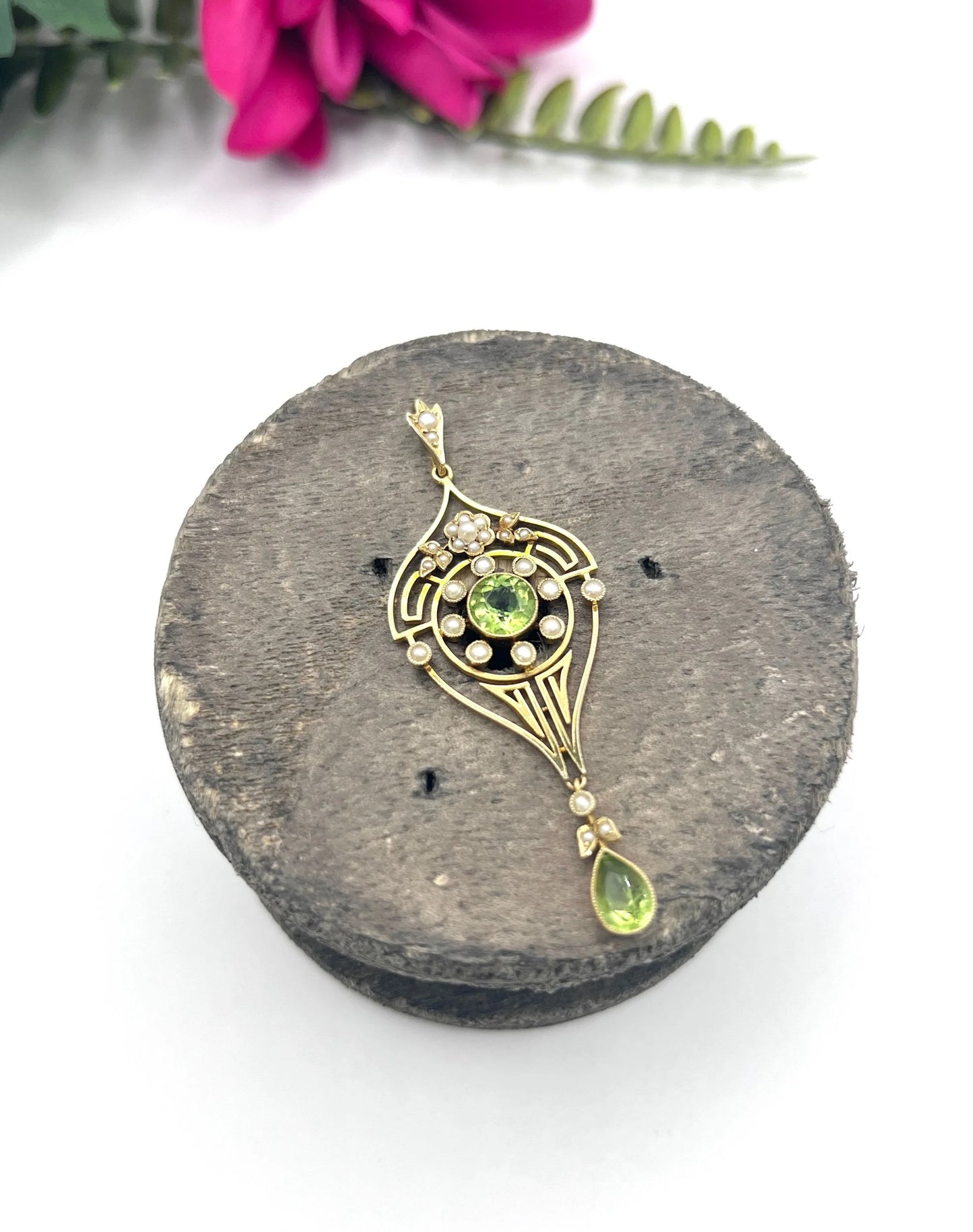 Antique 15 Carat Yellow Gold Peridot and Seed Pearl Drop Pendant, Circa 1910