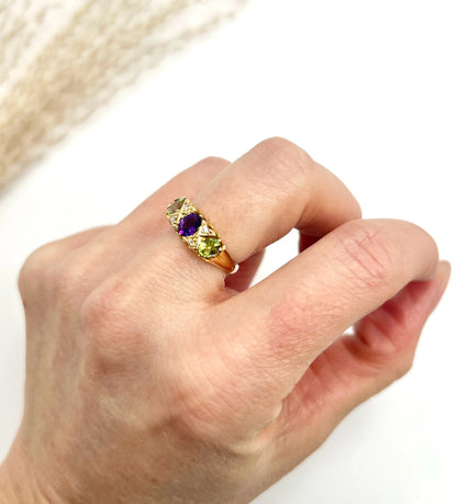 Antique 18 ct Yellow Gold, Amethyst, Diamond And Peridot Suffragette Ring