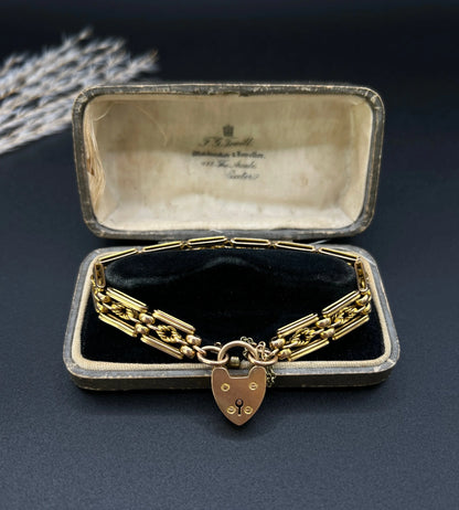 Edwardian Antique 15ct Gold Gate Bracelet with Lovers Knot Heart Padlock