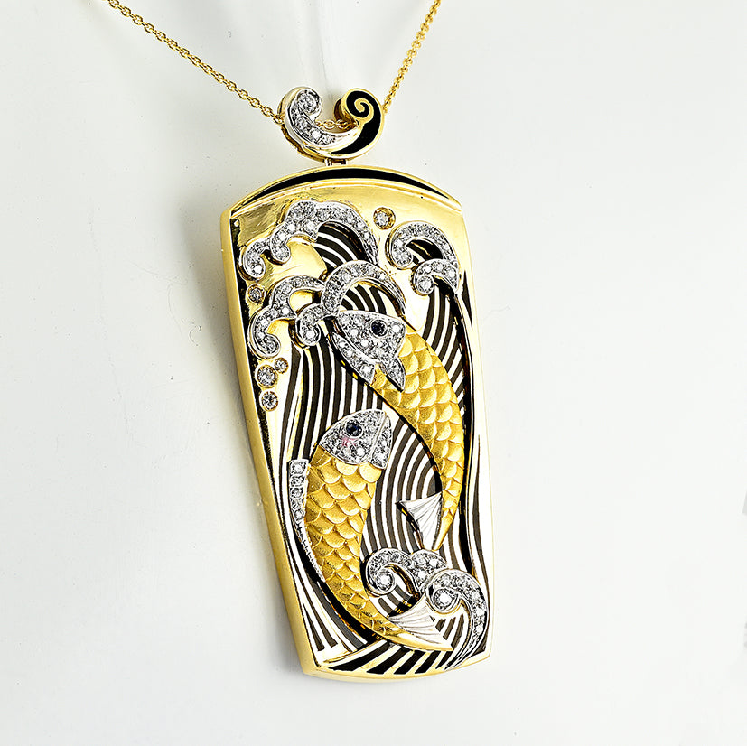 Vintage Estate 1970s Enamel and 2ct Diamond Koi Carp Fish Gold Pendant