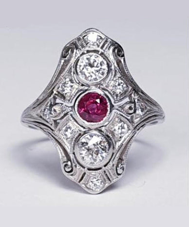 Antique Ruby and Diamond Plaque Dress Ring in Platinum