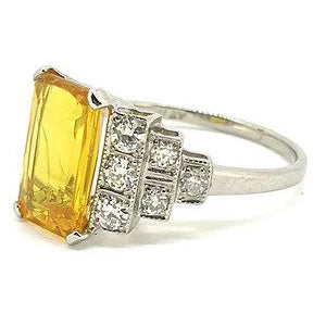 4ct Yellow Sapphire Ring with Stepped Diamond Shoulders in Platinum