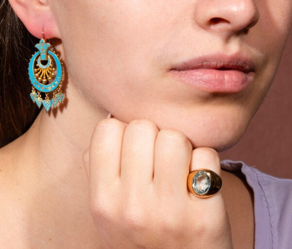 Antique Victorian Blue Enamel and 18ct Gold Drop Earrings; heavenly bright blue enamel and gold floral paillons, and moving heart shaped drops