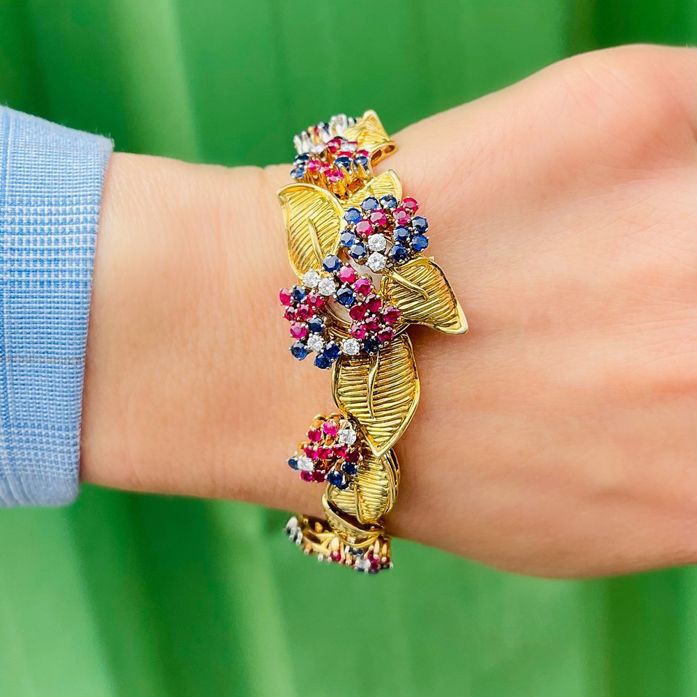 Vintage Gubelin 18ct Yellow Gold Ruby Sapphire Diamond Bracelet Watch