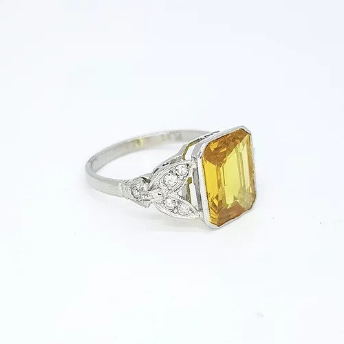 Emerald Cut Yellow Sapphire, Diamond and Platinum Ring, 3.20 carats