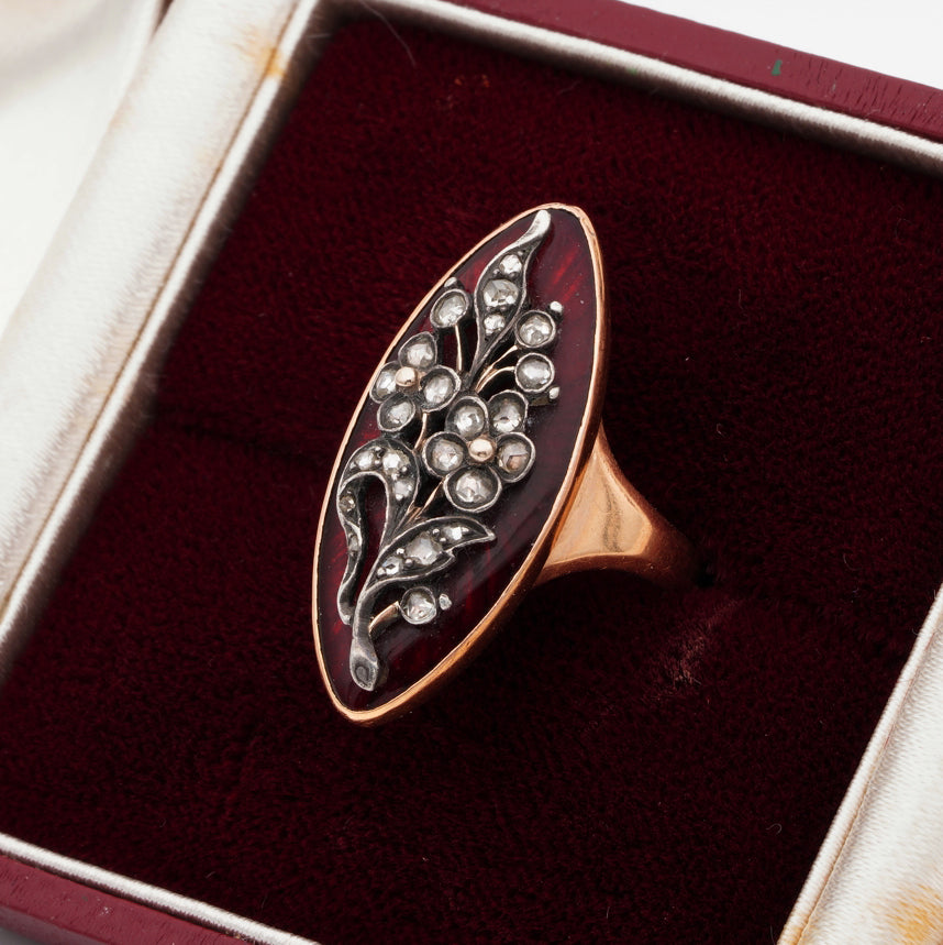 Antique Georgian French Red Enamel and Rose Cut Diamond Floral Giardinetti Navette Ring