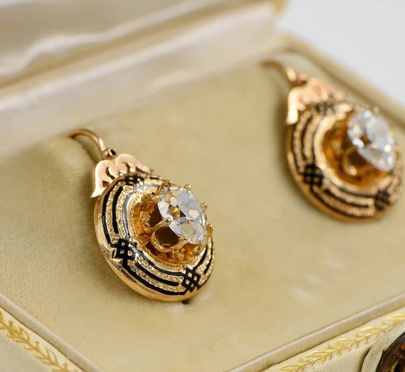 Antique Victorian 2.2ct Diamond Enamel and Gold Drop Earrings; 2.23ct cushion-shaped old mine-cut diamonds in 18ct yellow gold borders with distinctive enamel motifs, 19th century Circa 1860