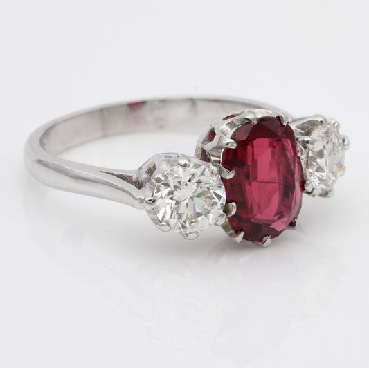 Vintage 1.90ct Natural Red Spinel and Diamond Trilogy Three Stone Engagement Ring in Platinum