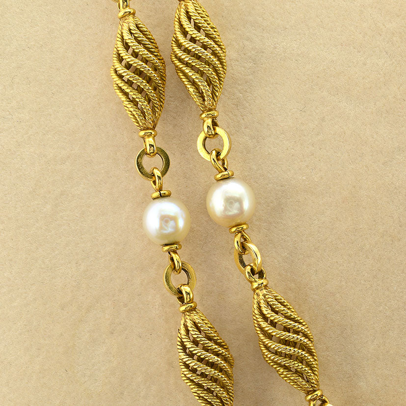 Vintage Italian Weingrill Pearl and Gold Cord Spiral Long Chain Necklace